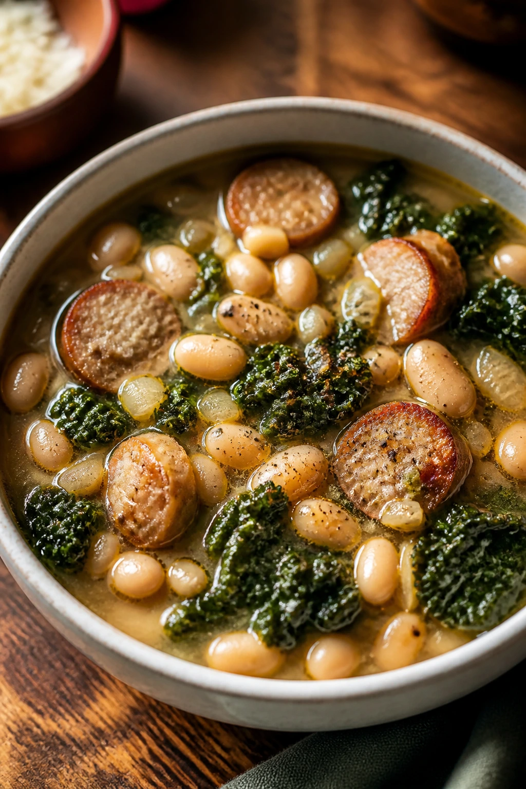 Steaming bowl of White Bean and Sausage Stew with sausage, beans, and kale.