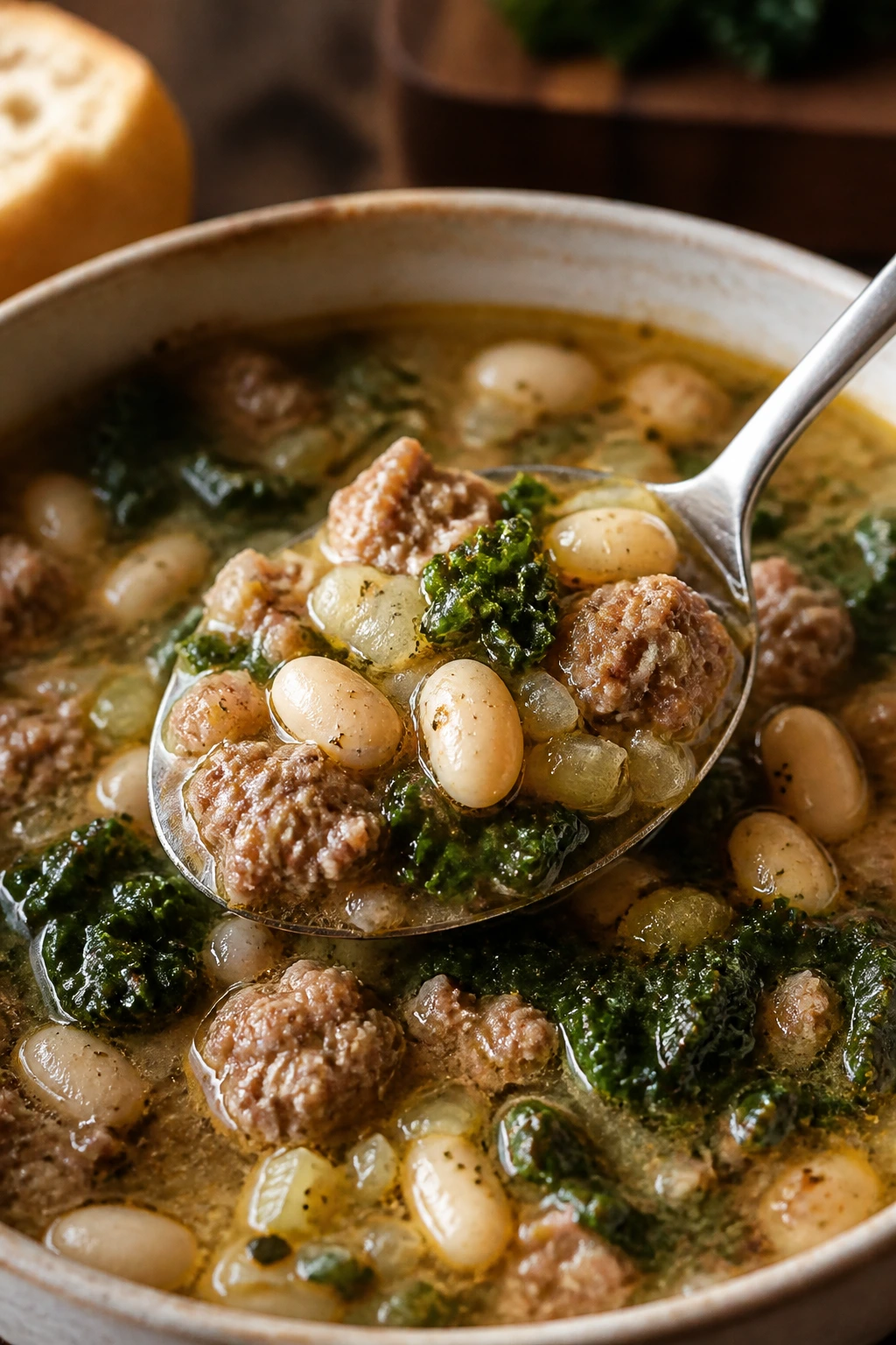 Hearty sausage and white bean stew in a rustic bowl