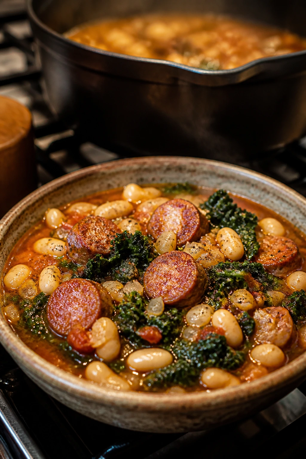 Close-up of hearty sausage and white bean stew with kale in a rustic bowl.