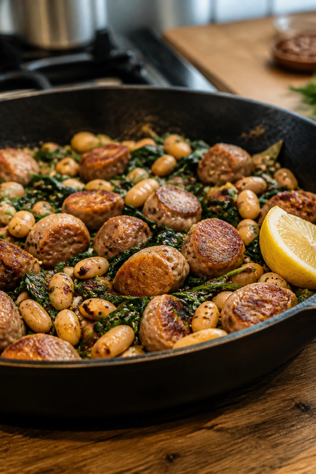 Close-up sausage and white bean skillet with greens and lemon.