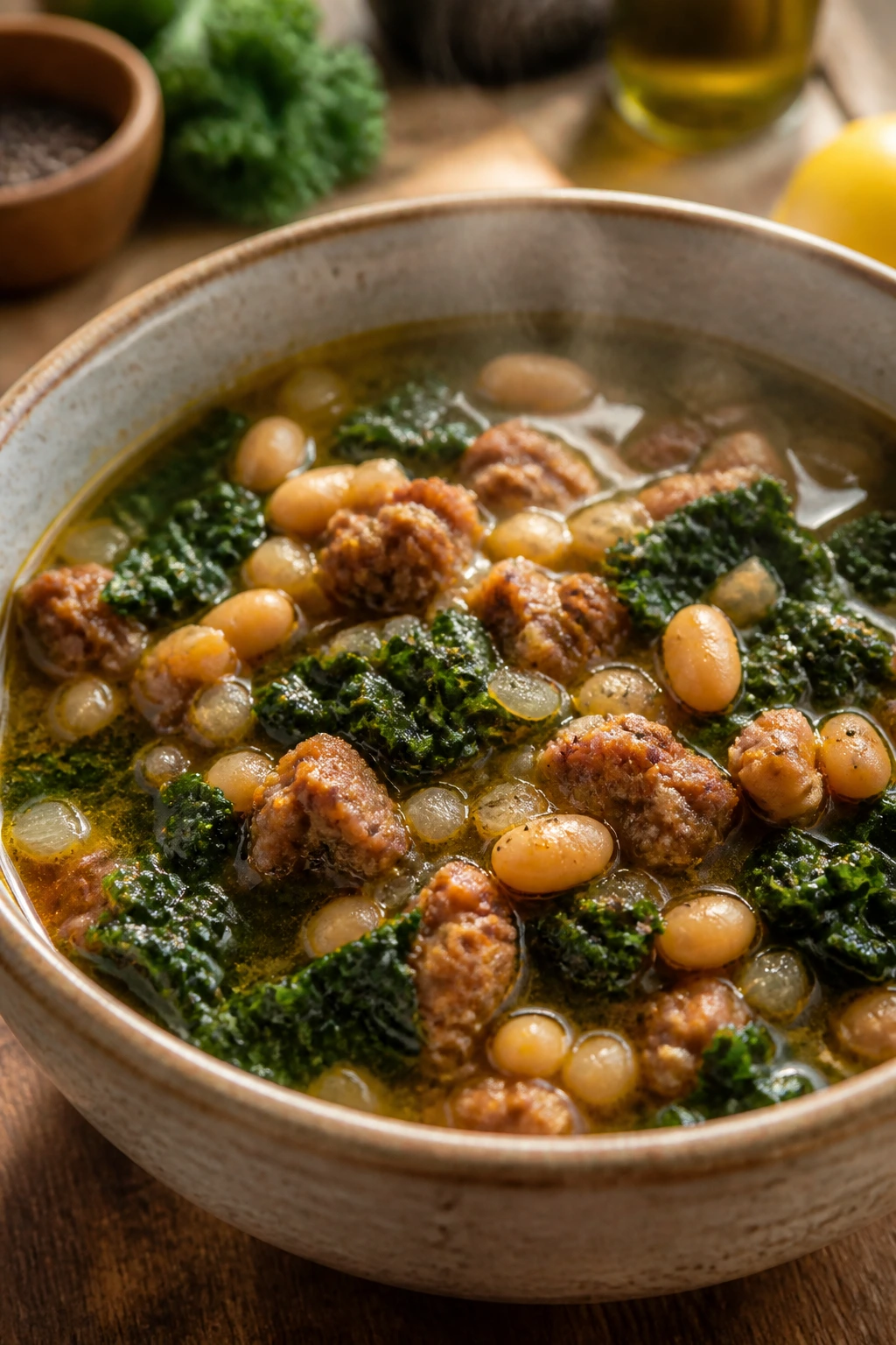 Close-up of hearty sausage white bean kale soup in a bowl with visible ingredients