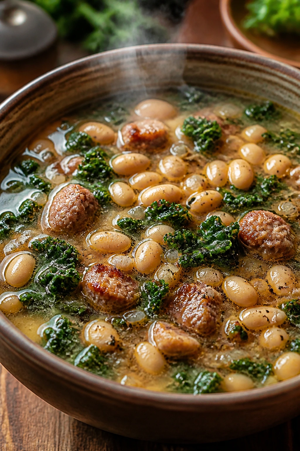 Steaming bowl of white bean sausage kale soup