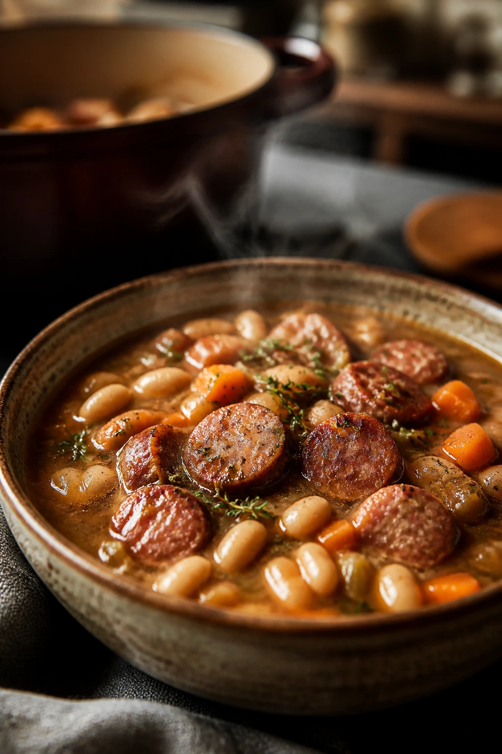 Close-up of sausage and white beans in a thick stew