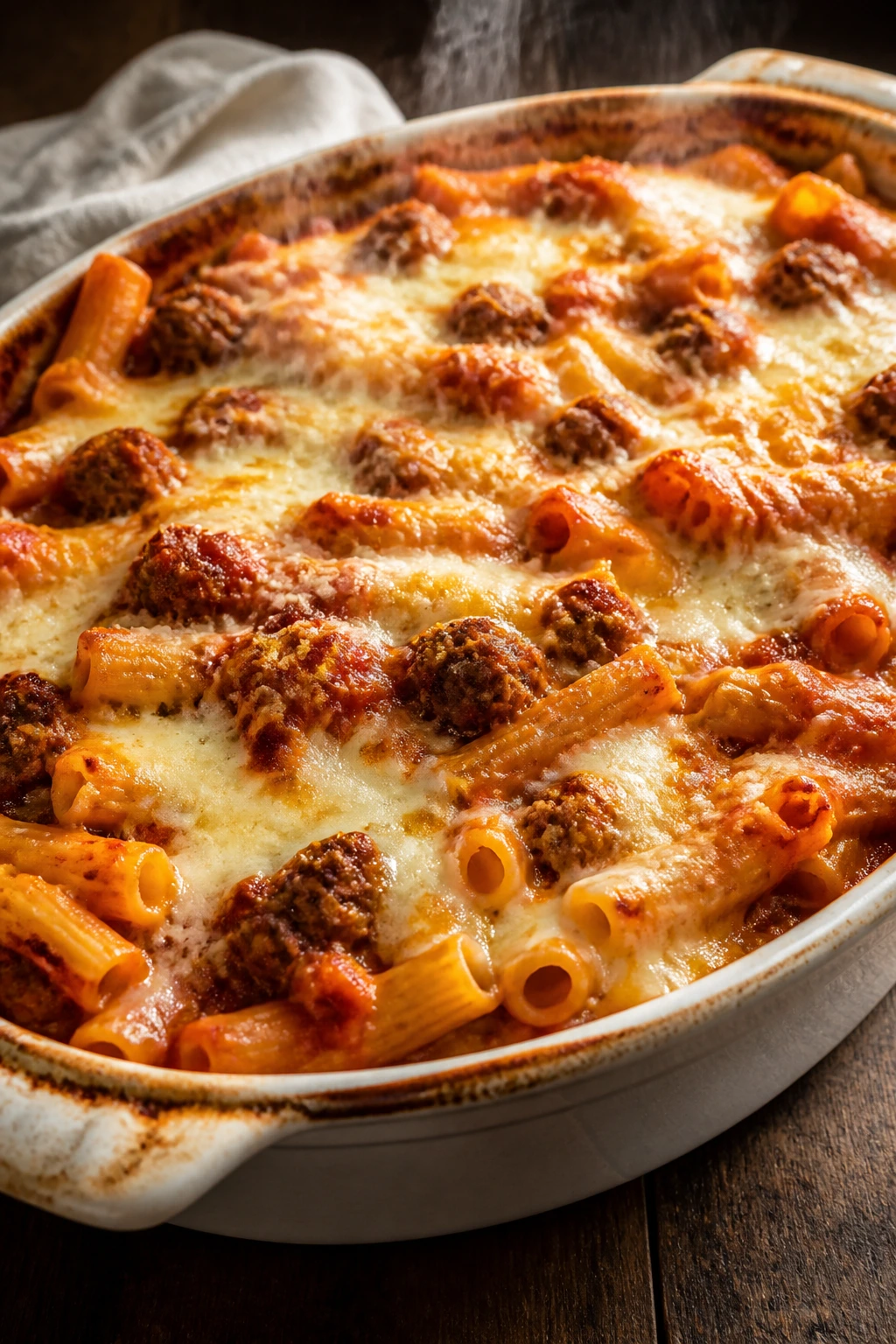 Close-up of bubbling baked ziti with sausage in a rustic dish on a wooden counter