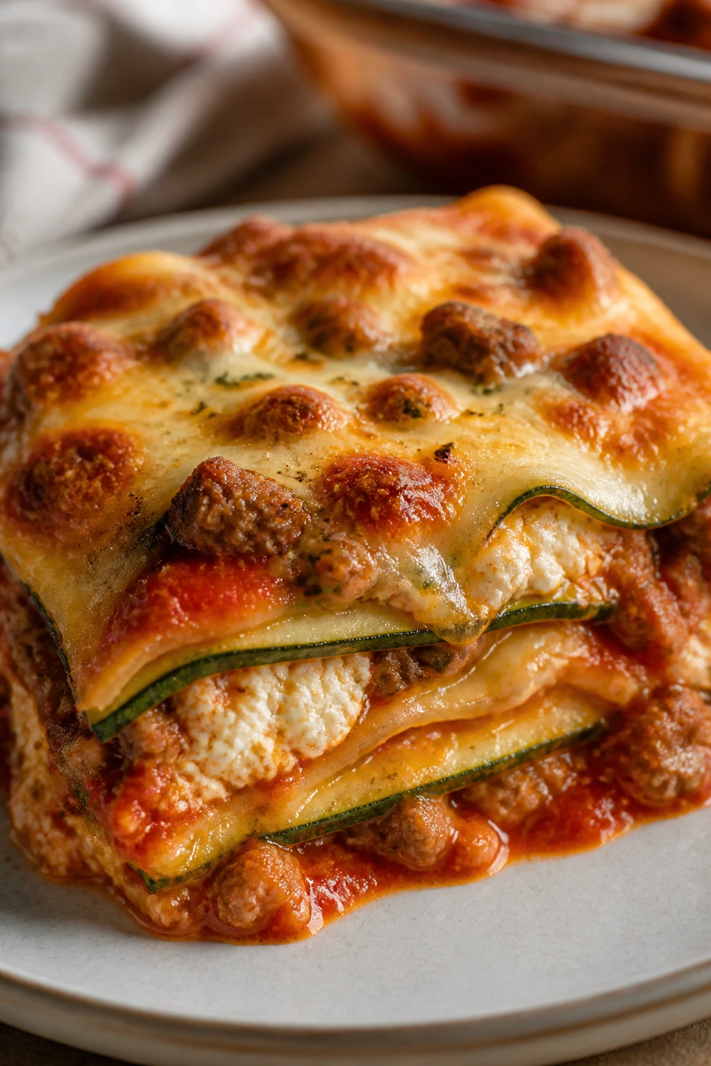 Lasagna slice with zucchini and sausage on a plate