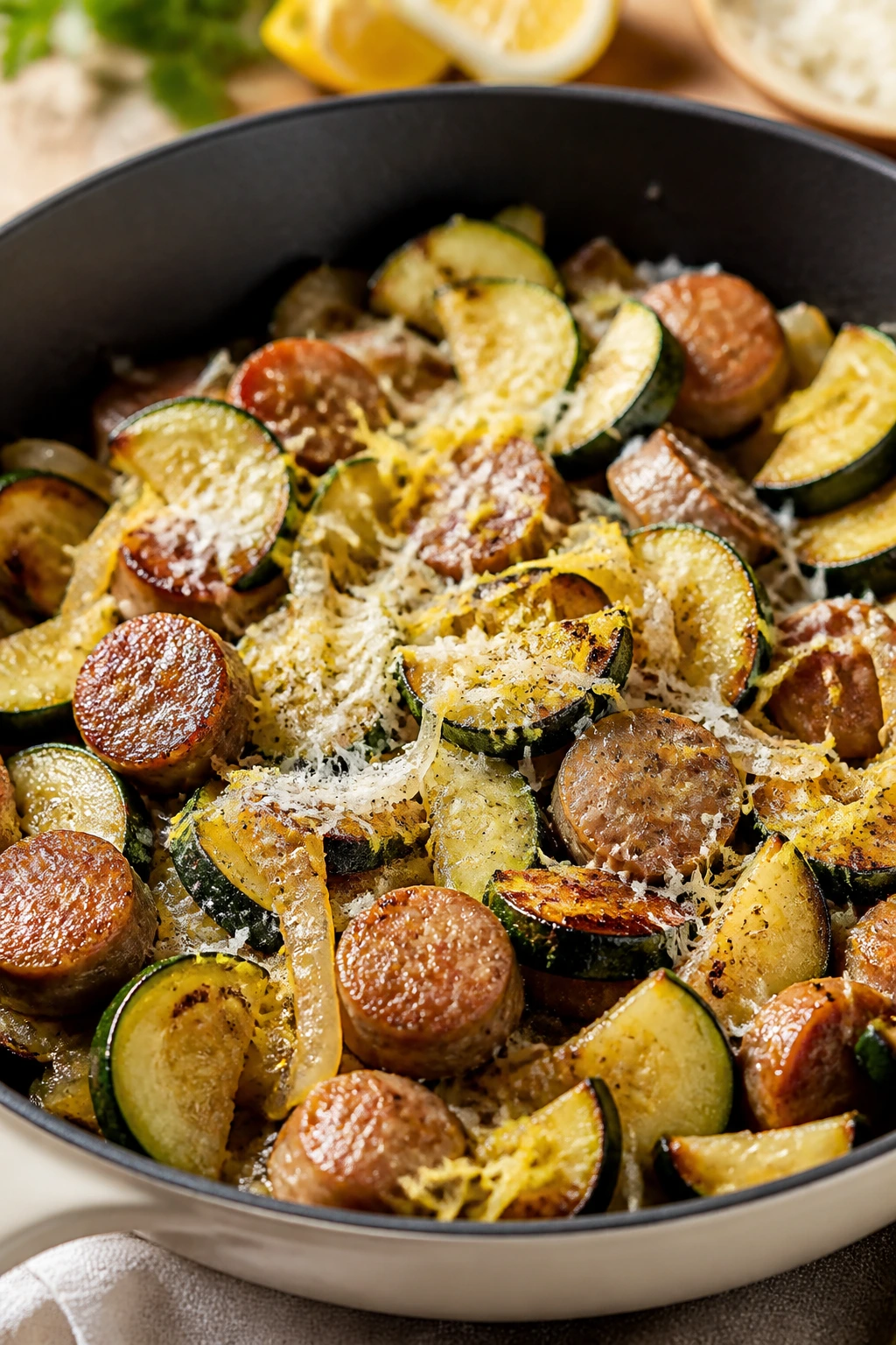Close-up of sausage and zucchini skillet with lemon and parmesan