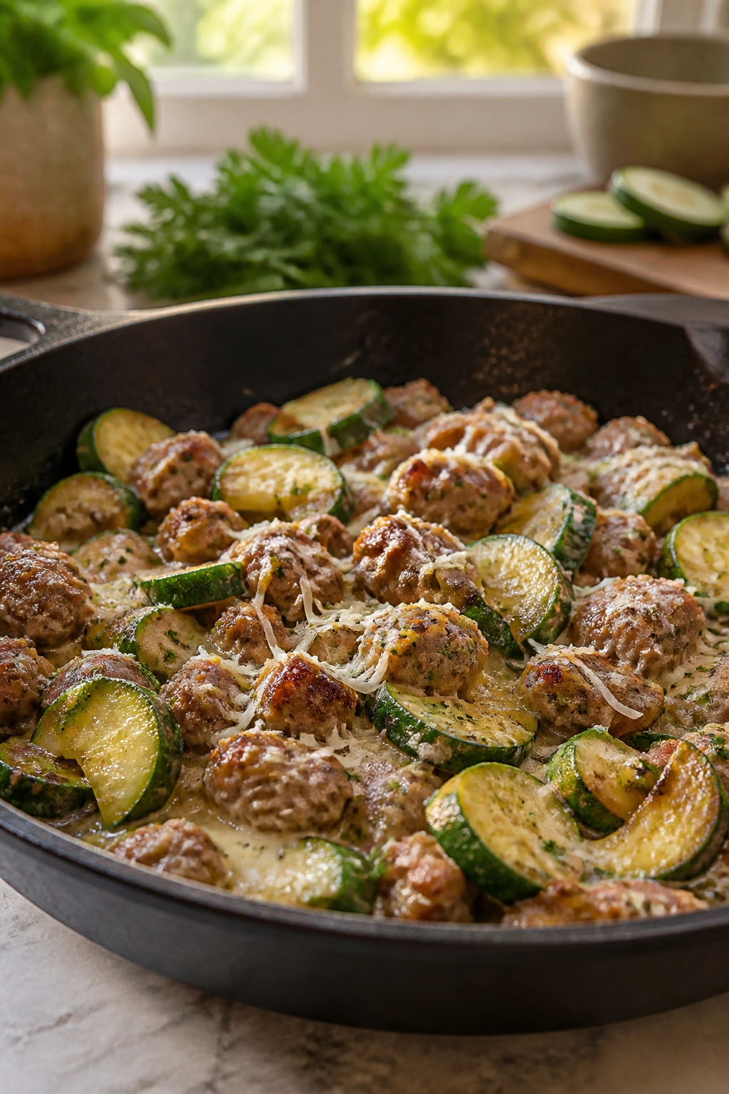 Close-up of sausage zucchini parmesan skillet with parmesan topping