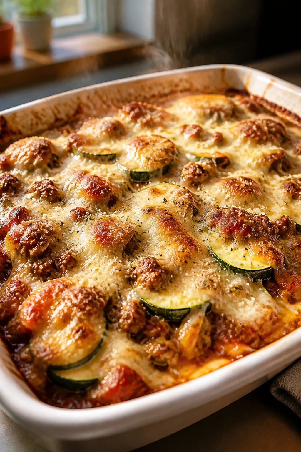Close-up of bubbling sausage zucchini parmesan bake in a baking dish