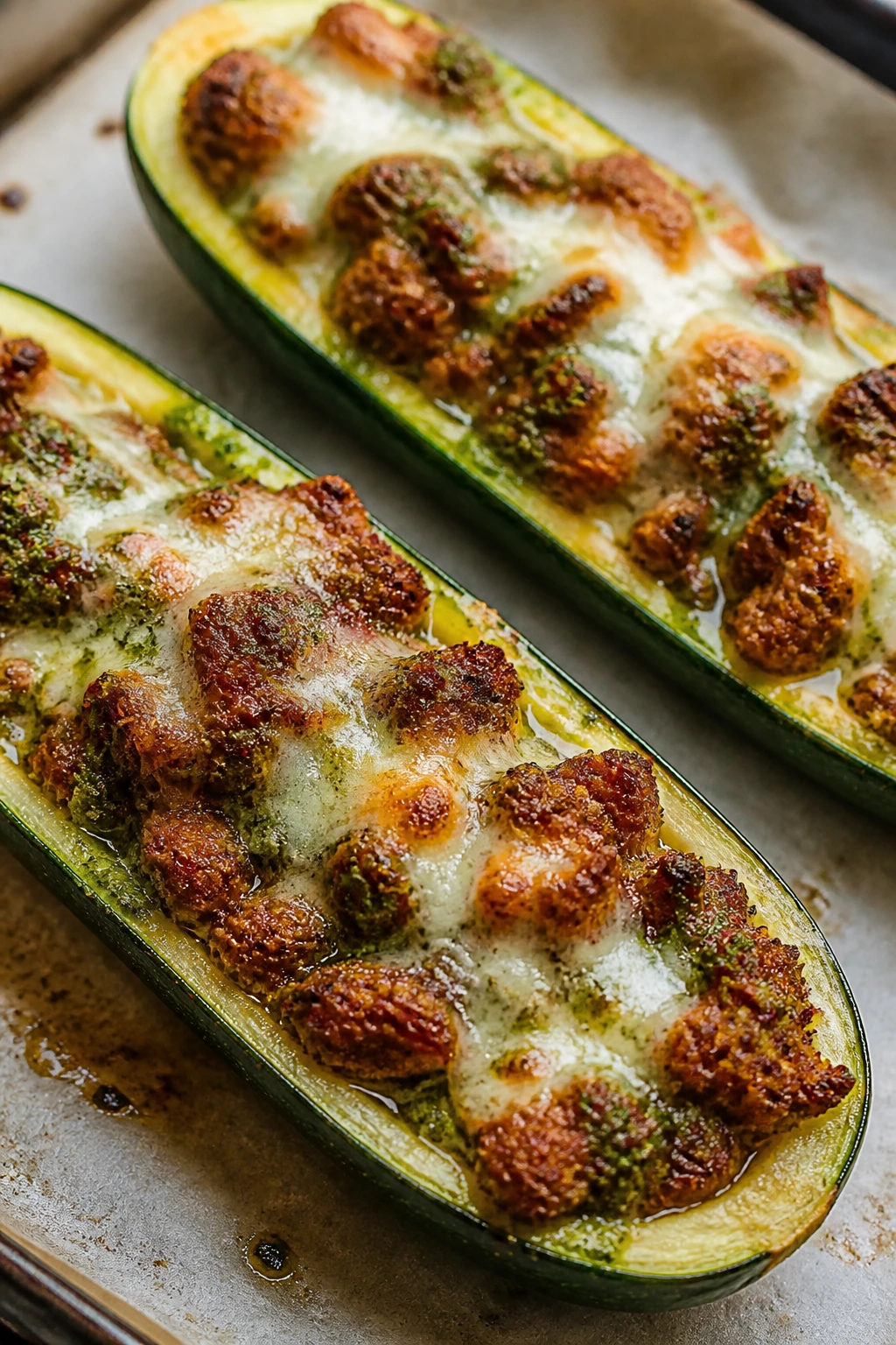 Close-up of zucchini boats stuffed with sausage and pesto with melted cheese