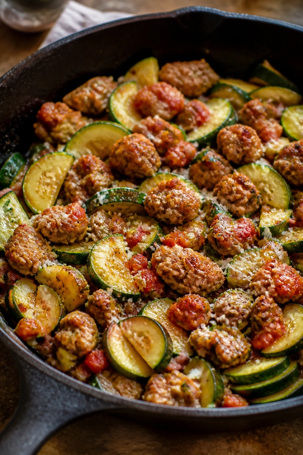 Sausage and zucchini skillet with tomato and Parmesan