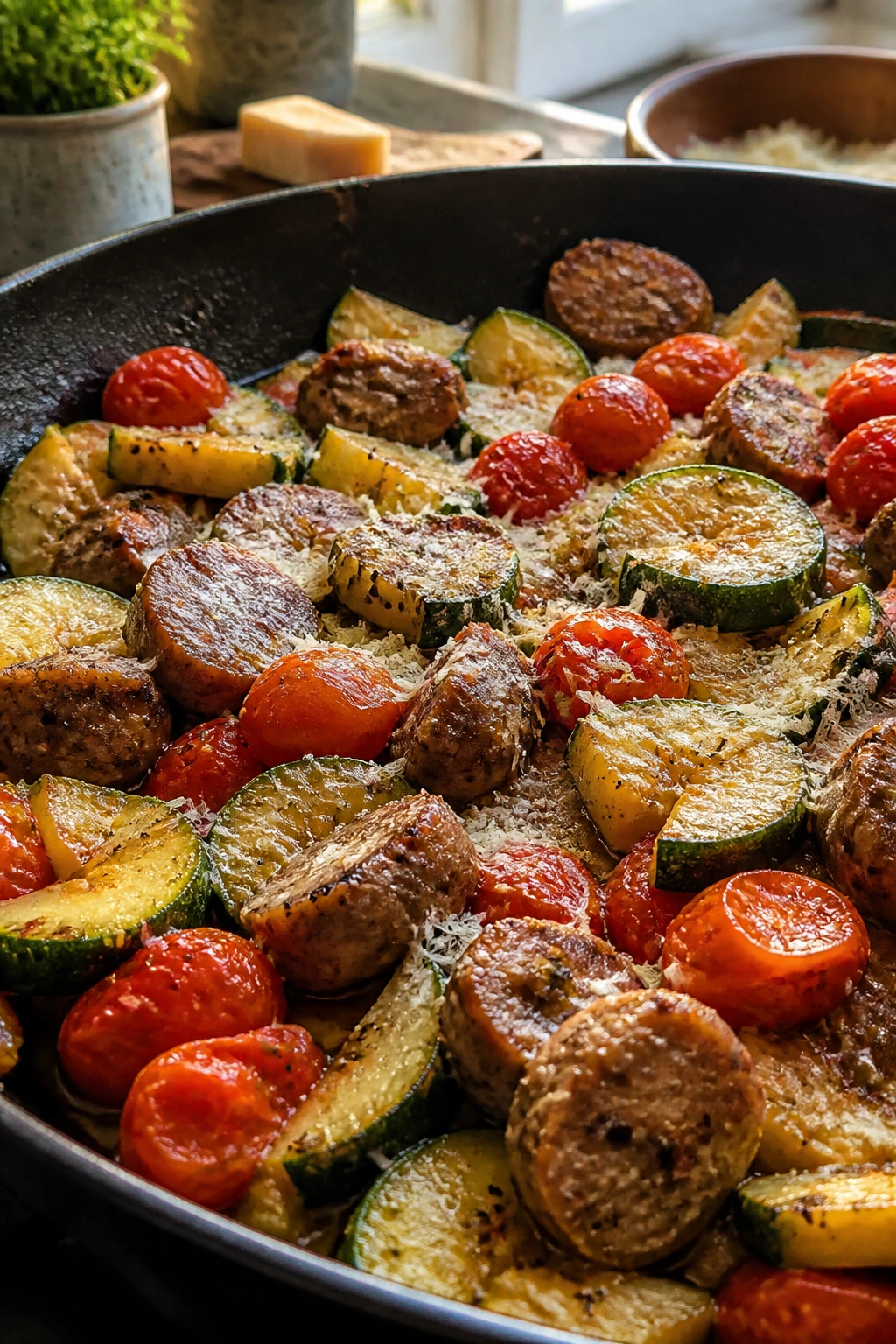 Close-up of zucchini tomato sausage skillet with parmesan