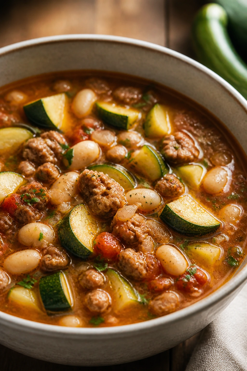 Close-up of a rustic bowl with sausage, zucchini, and white bean soup in a warm kitchen