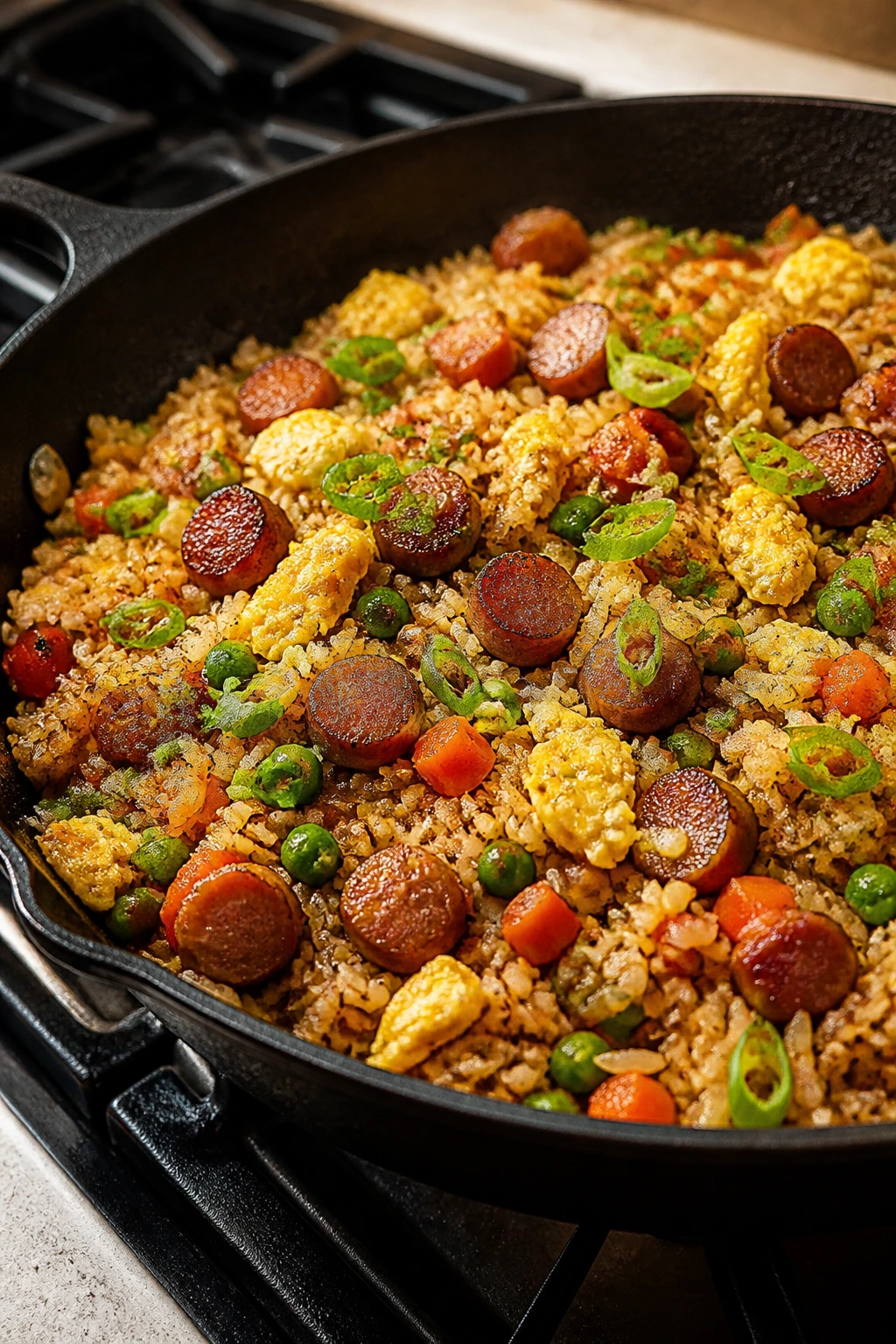 Close-up fried rice with sausage, peas, carrots and eggs in a skillet