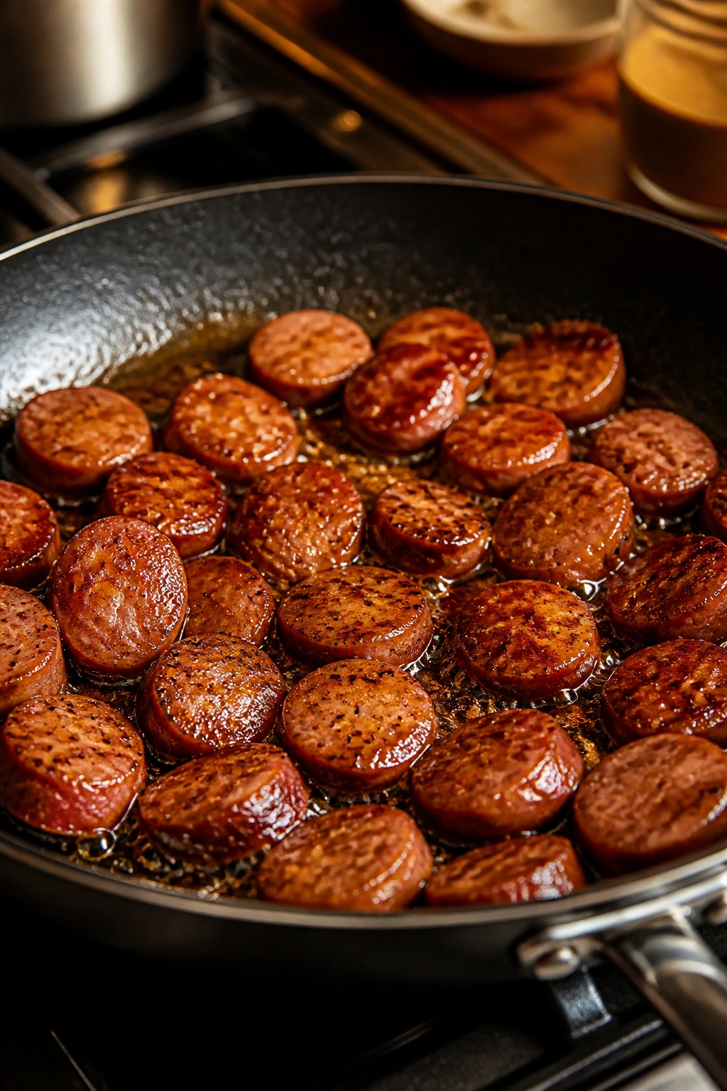 Close-up of sausage coins browning in a skillet with glaze forming