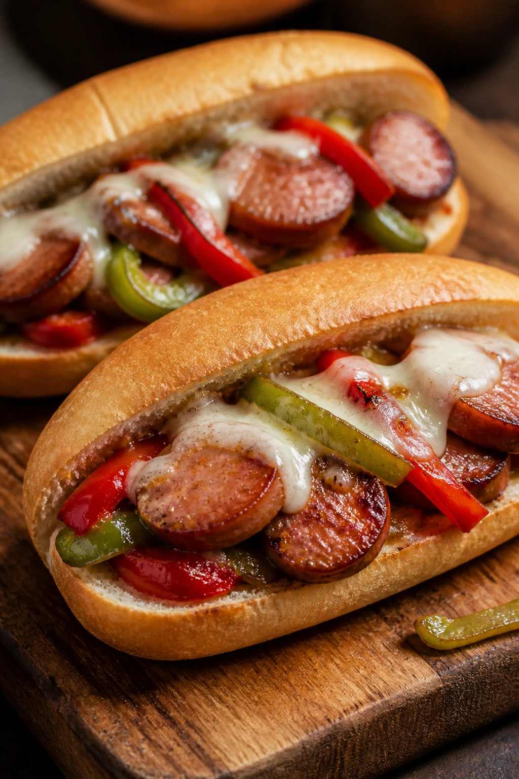 Close-up of mini sausage and pepper subs on a wooden board