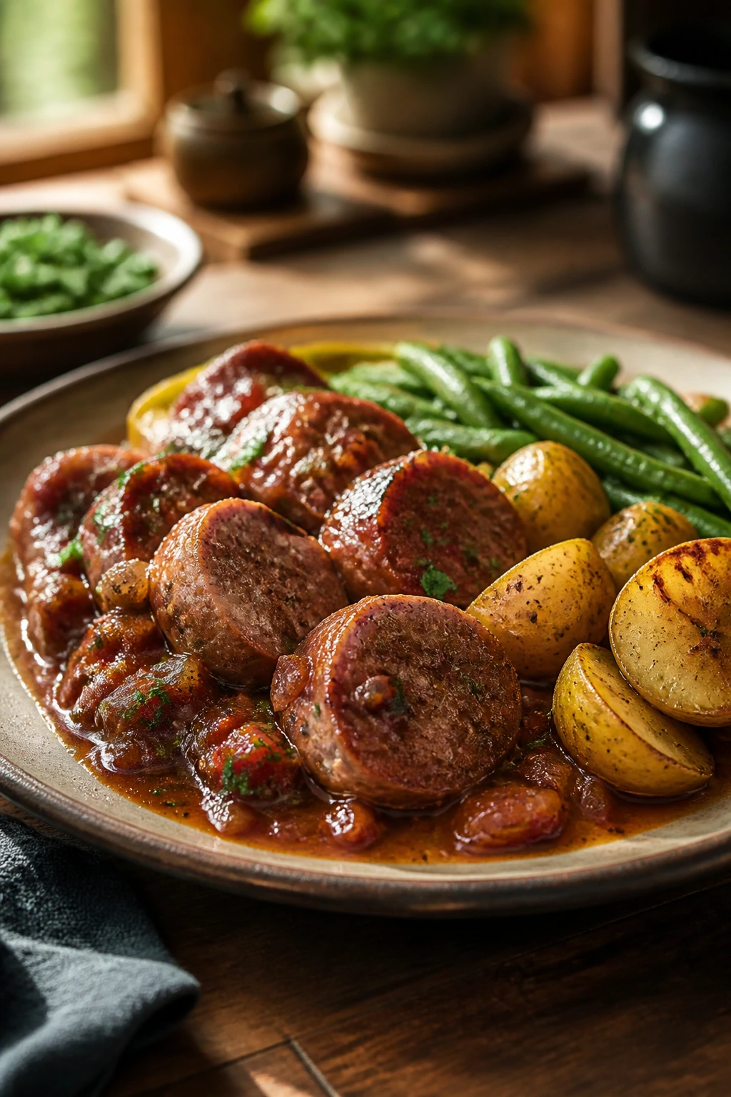 Plated sausage dinner with sauce and herbs on a rustic plate.