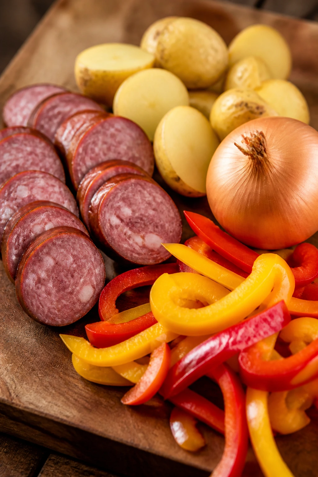 Four key skillet ingredients arranged on a board