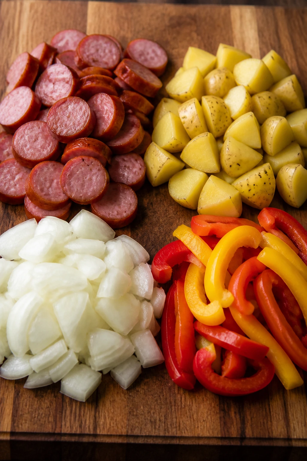Four ingredients for the skillet arranged on a board