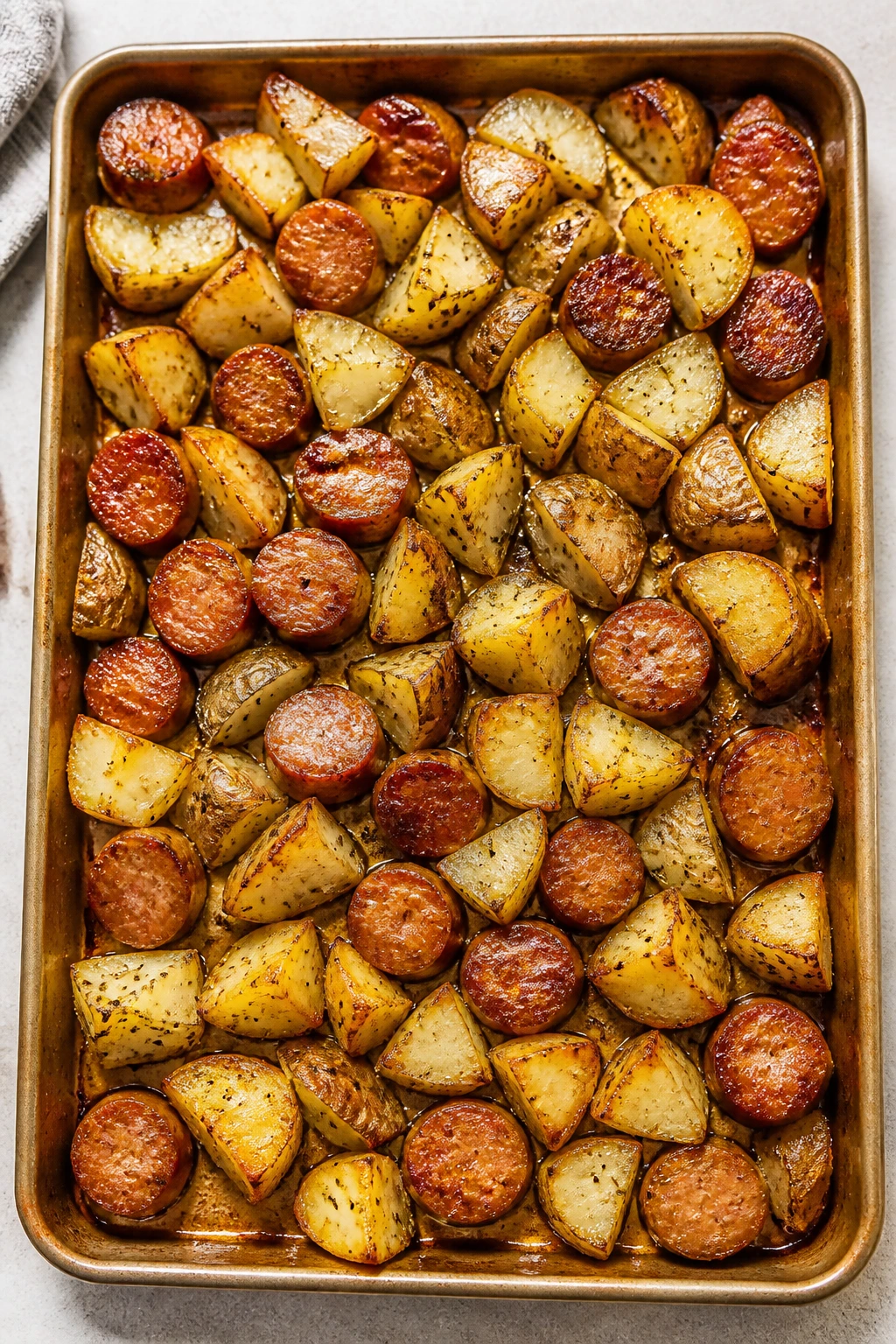 Sheet-pan sausage and potatoes on a baking sheet in oven-roasted finish