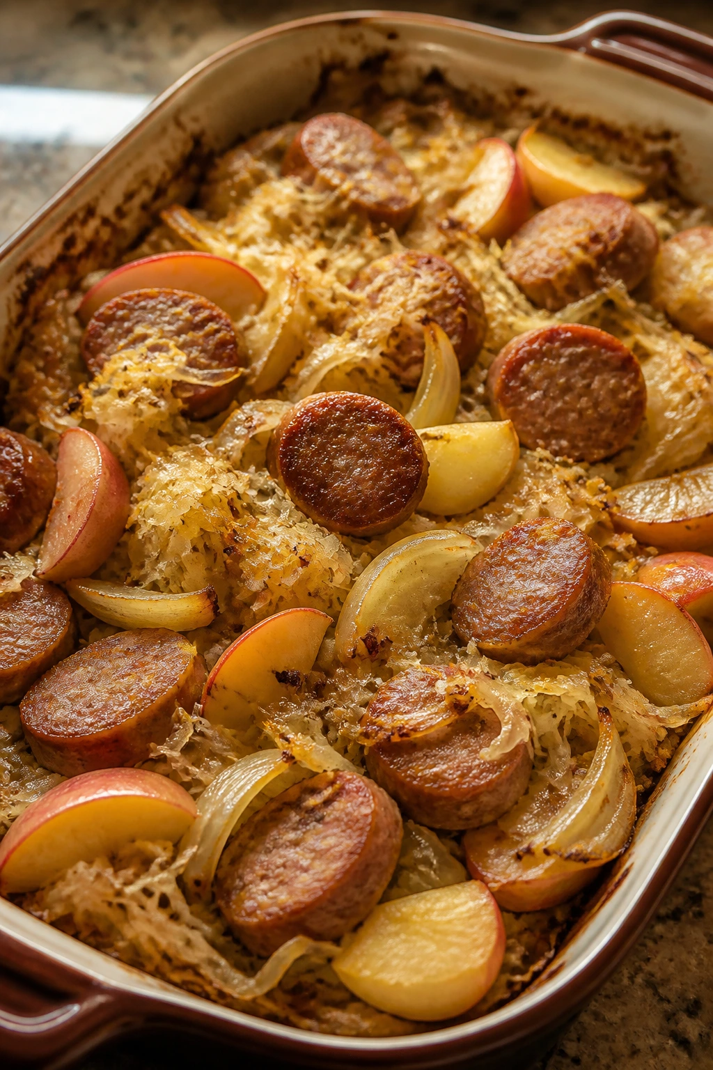 Baking dish with sausage, sauerkraut, apples and onion in a rustic oven bake