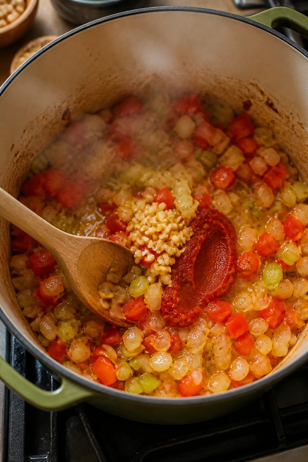 Aromatics sautéing in olive oil in a Dutch oven on the stove.