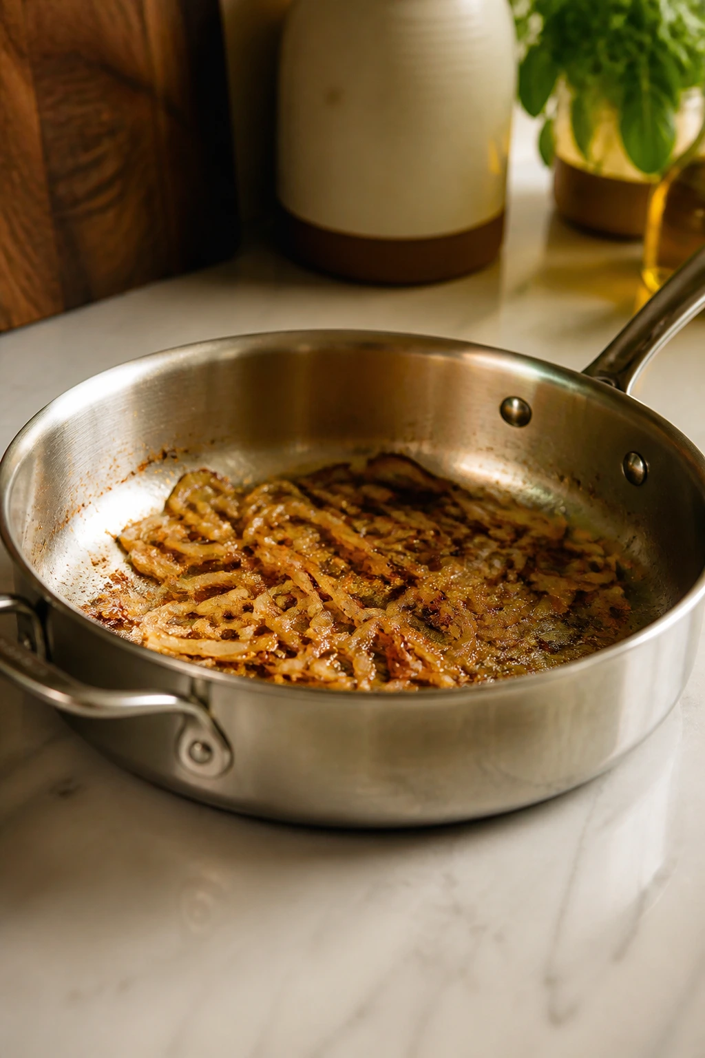 Large sauté pan with browned onions on a kitchen counter