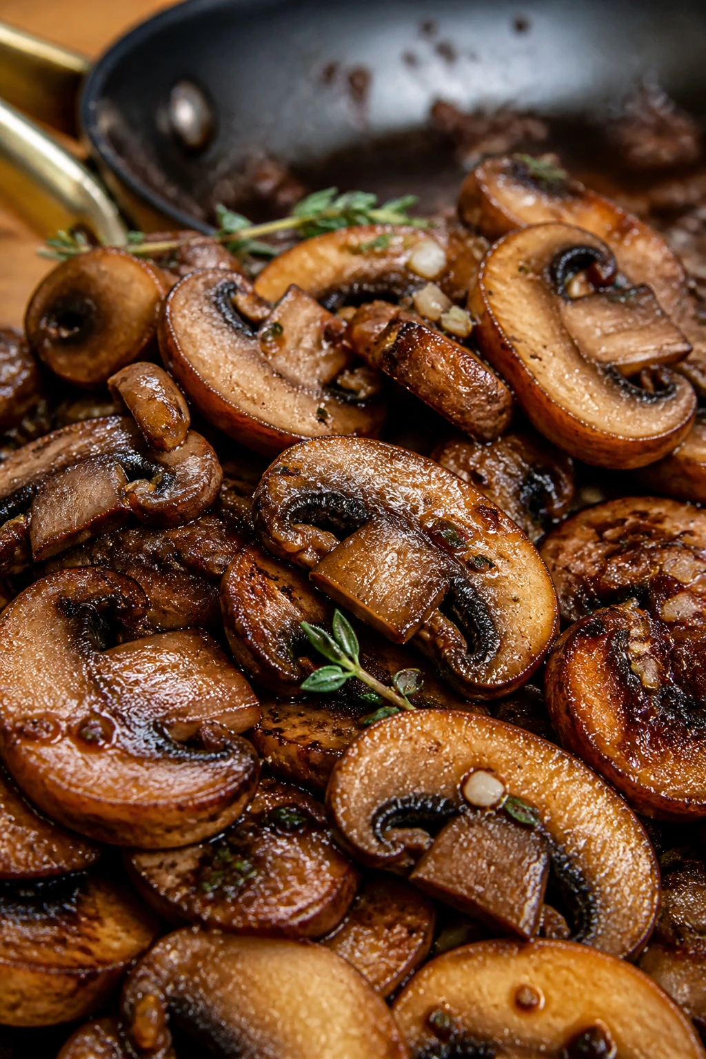 Close-up of browned cremini mushrooms sautéed with butter and thyme