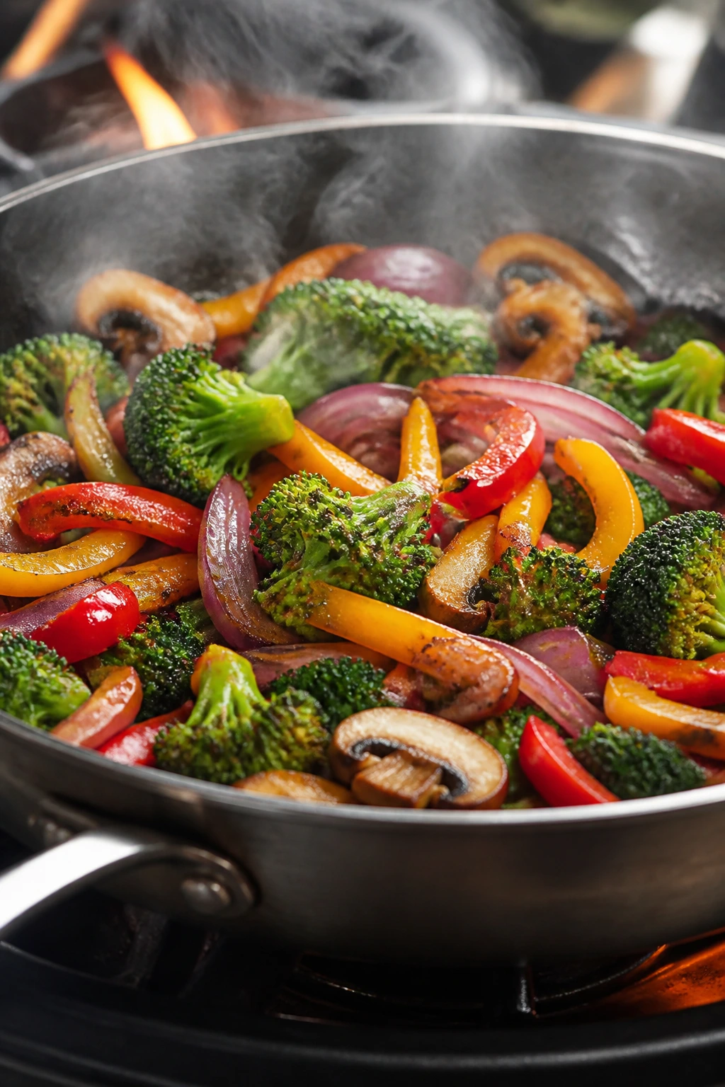 Sizzling skillet with onions, peppers, broccoli and mushrooms