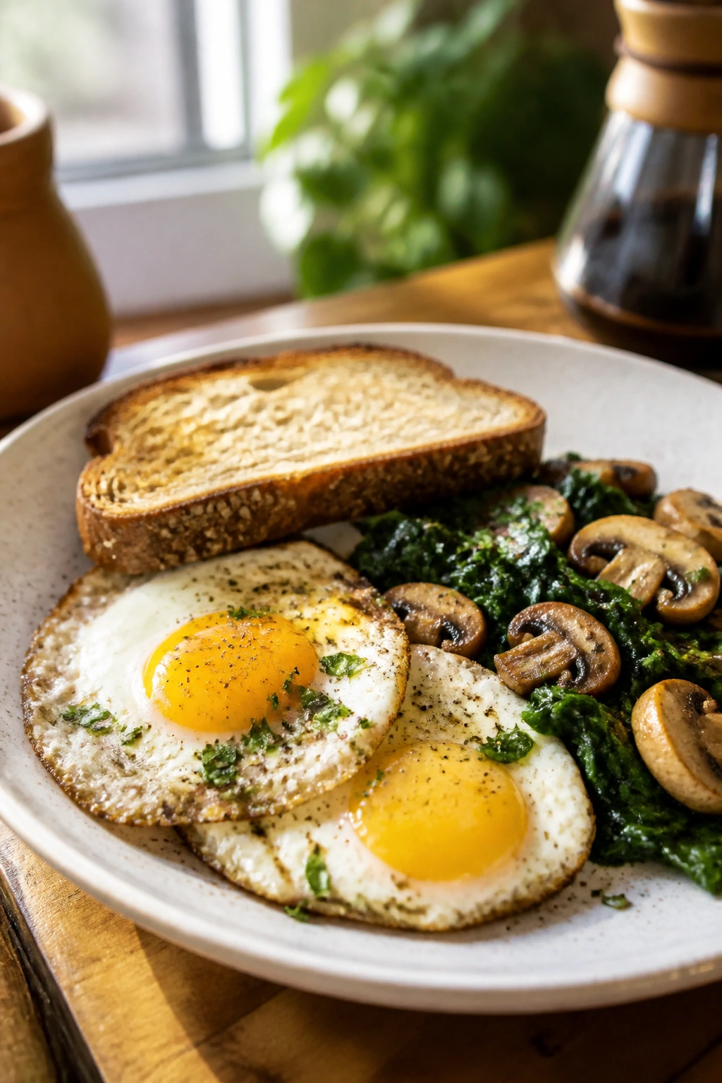 Savory breakfast plate with eggs, spinach, mushrooms, and toast.
