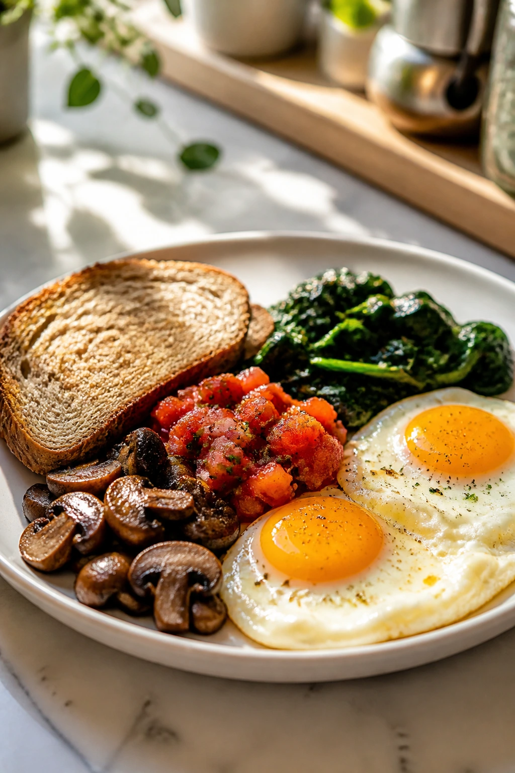 Savory breakfast plate with eggs, spinach, mushrooms, salsa and toast