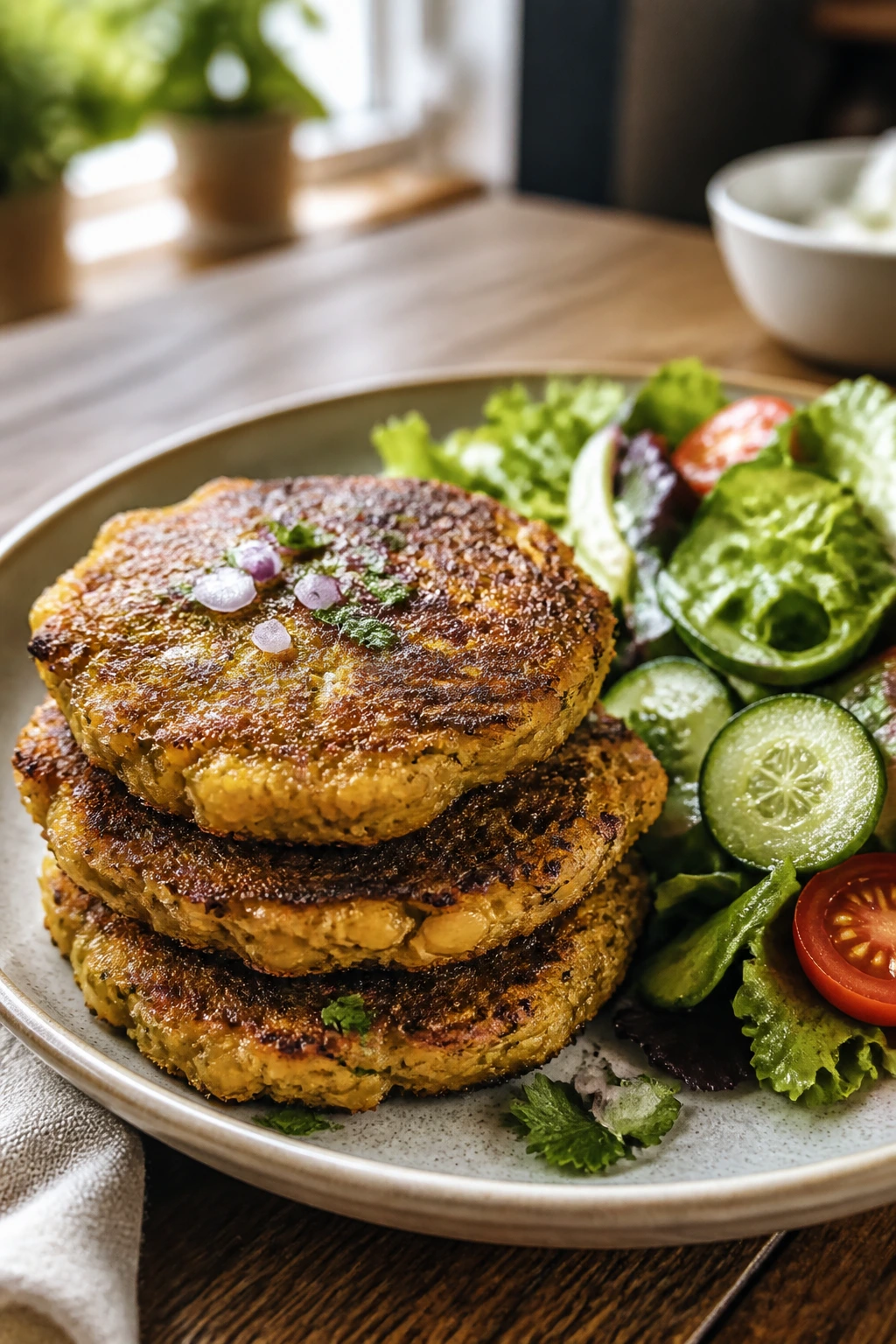 Close-up of savory chickpea pancakes with salad on a plate