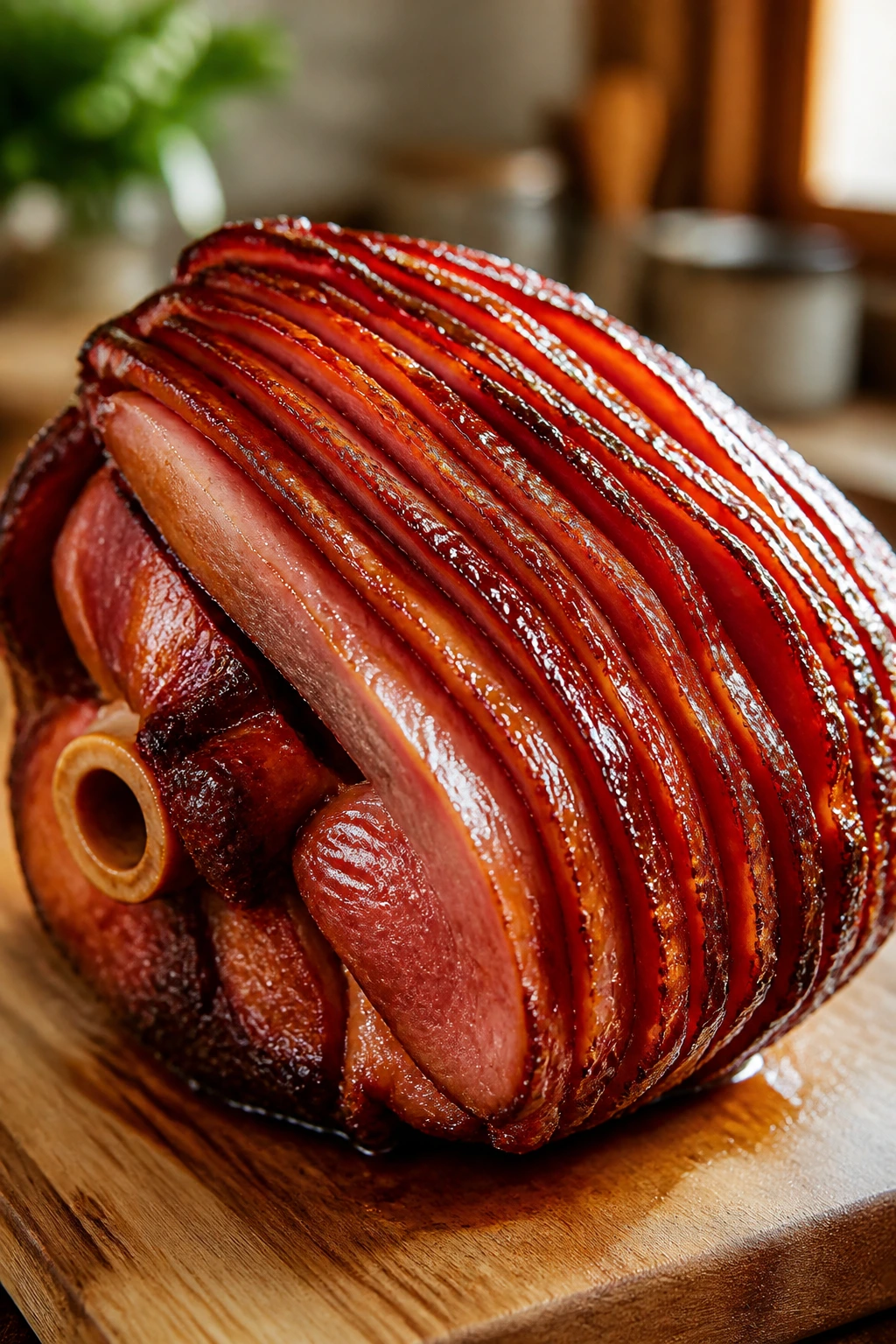 Close-up of savory honey-glazed ham with glossy crust in a warm kitchen