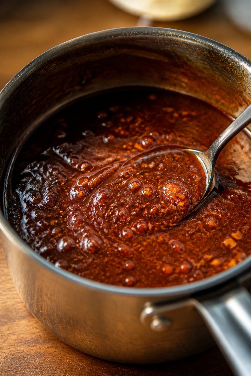 Close-up of glossy amber-brown pork glaze in a small saucepan on a warm kitchen counter