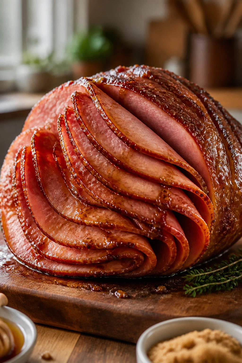Glossy honey glazed ham on a wooden board in a cozy kitchen