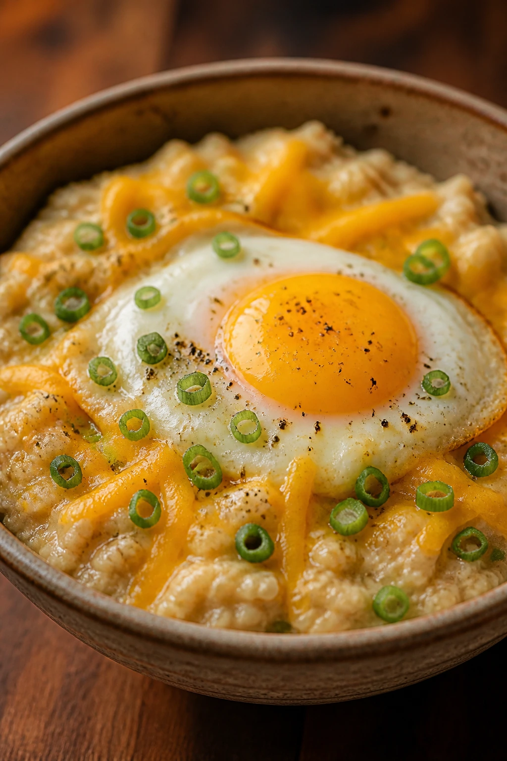 Close-up of savory oatmeal with egg and cheese in a bowl on a kitchen table