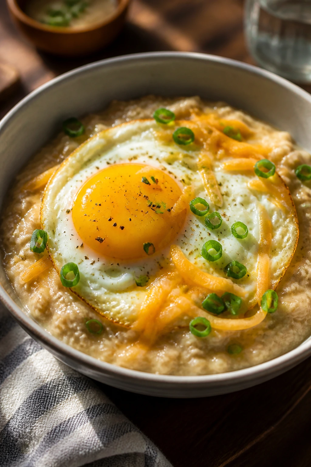 Savory oatmeal bowl topped with egg and cheddar