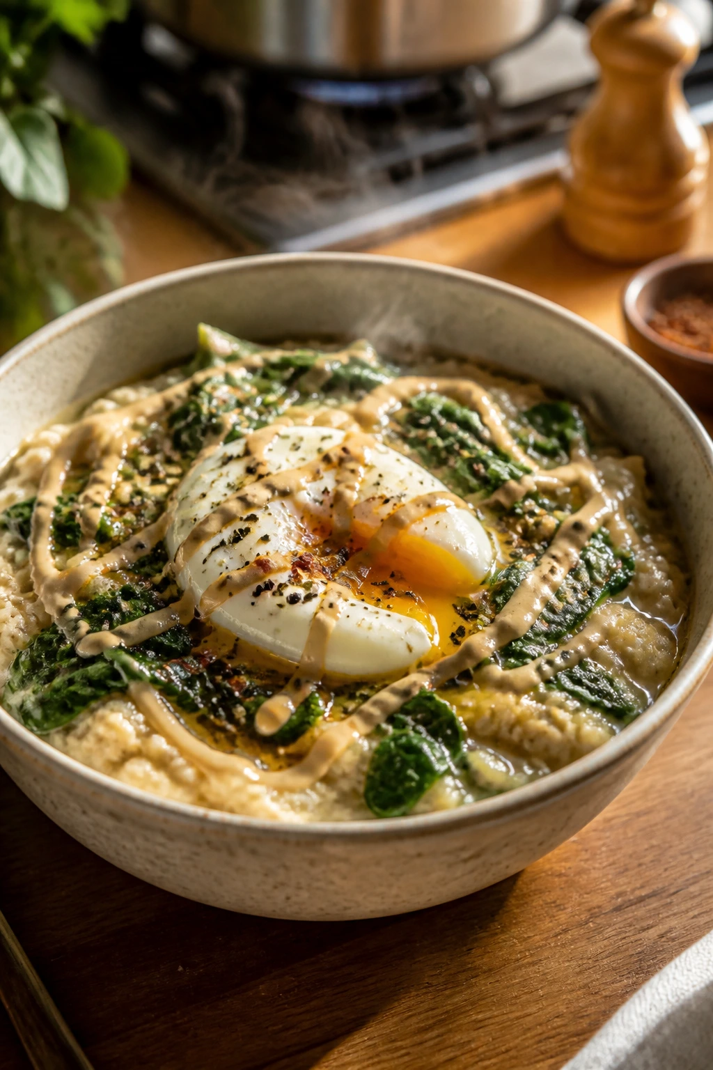 Close-up of savory oatmeal with egg, spinach, and tahini in a warm kitchen