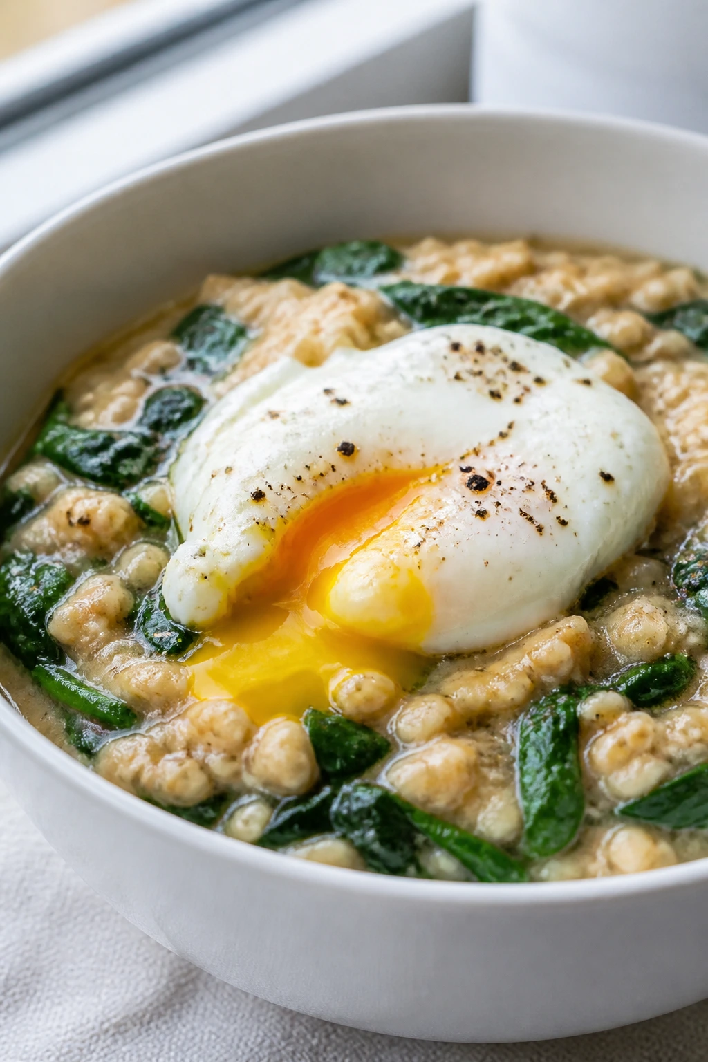 Savory oatmeal bowl with egg and greens in natural light