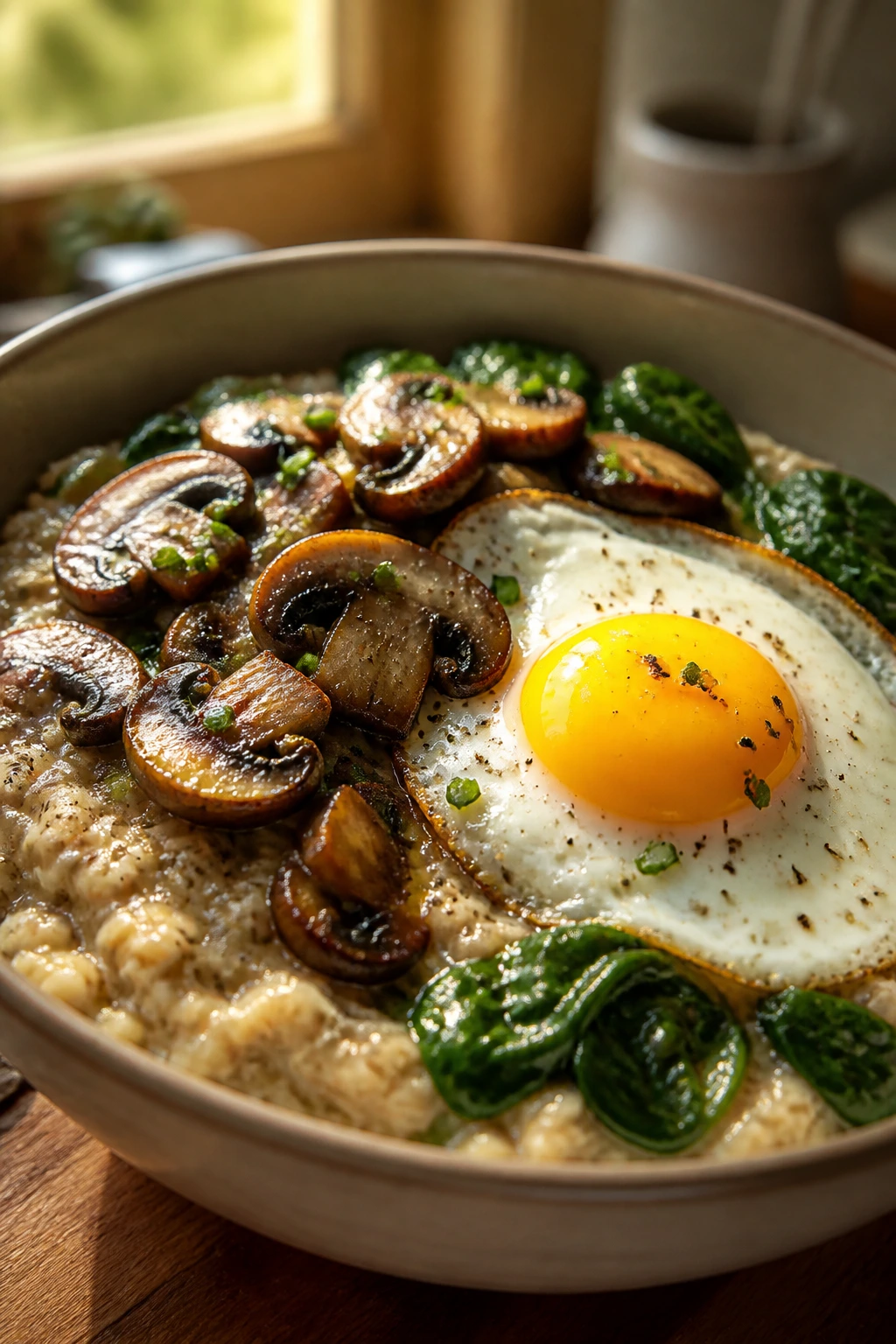 Savory oatmeal with mushrooms and egg in a bowl