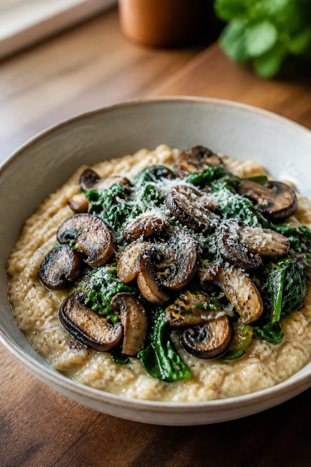 Close-up of savory oatmeal with mushrooms and greens