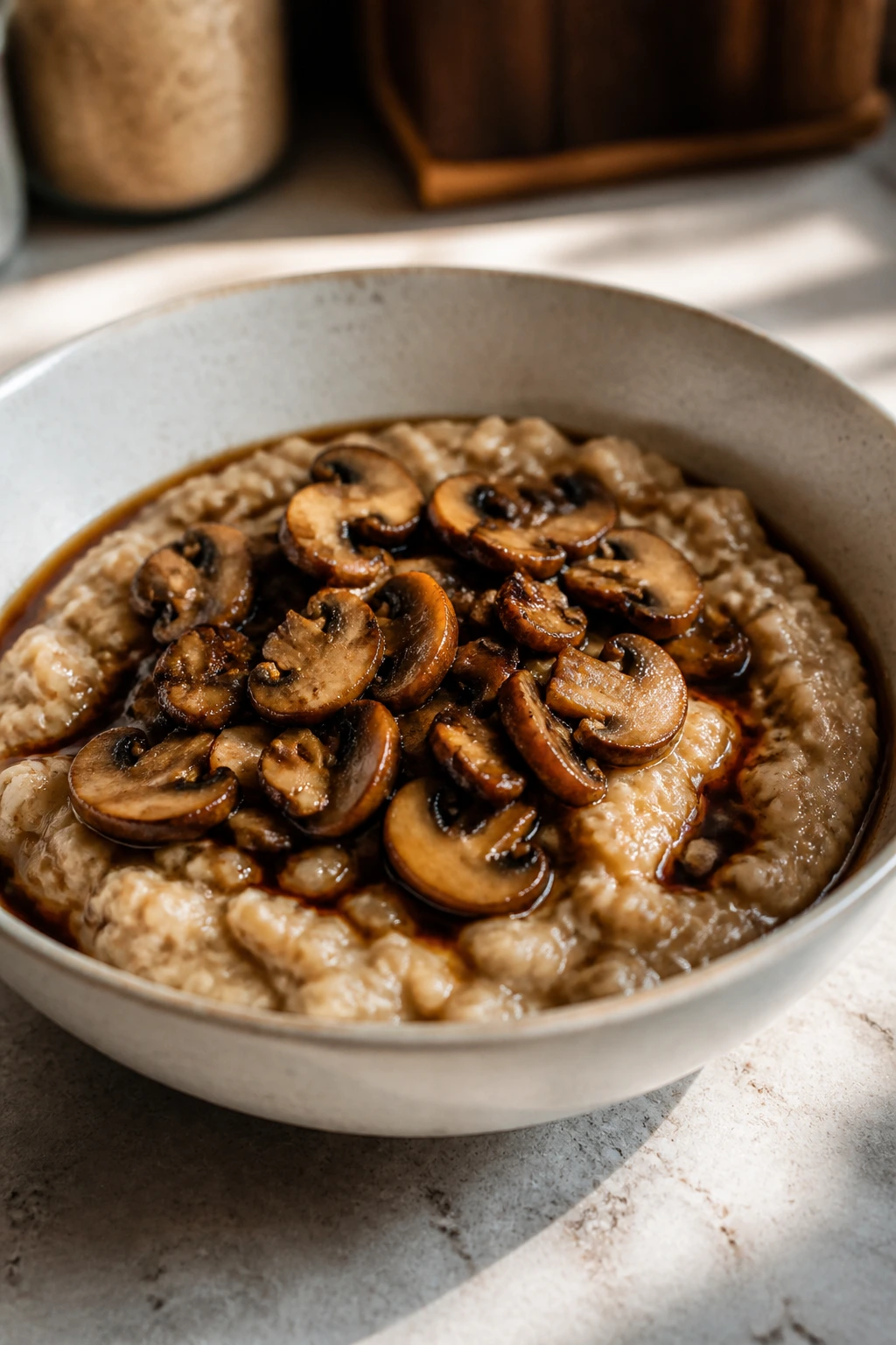 Savory oatmeal with mushrooms and soy in a bowl