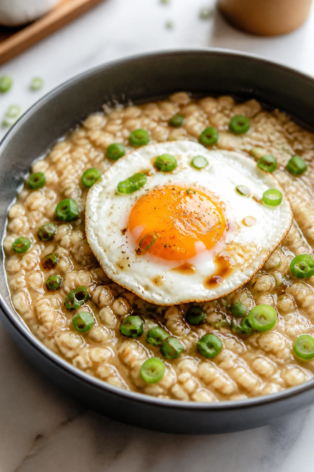 Savory oatmeal with egg and soy in a bowl