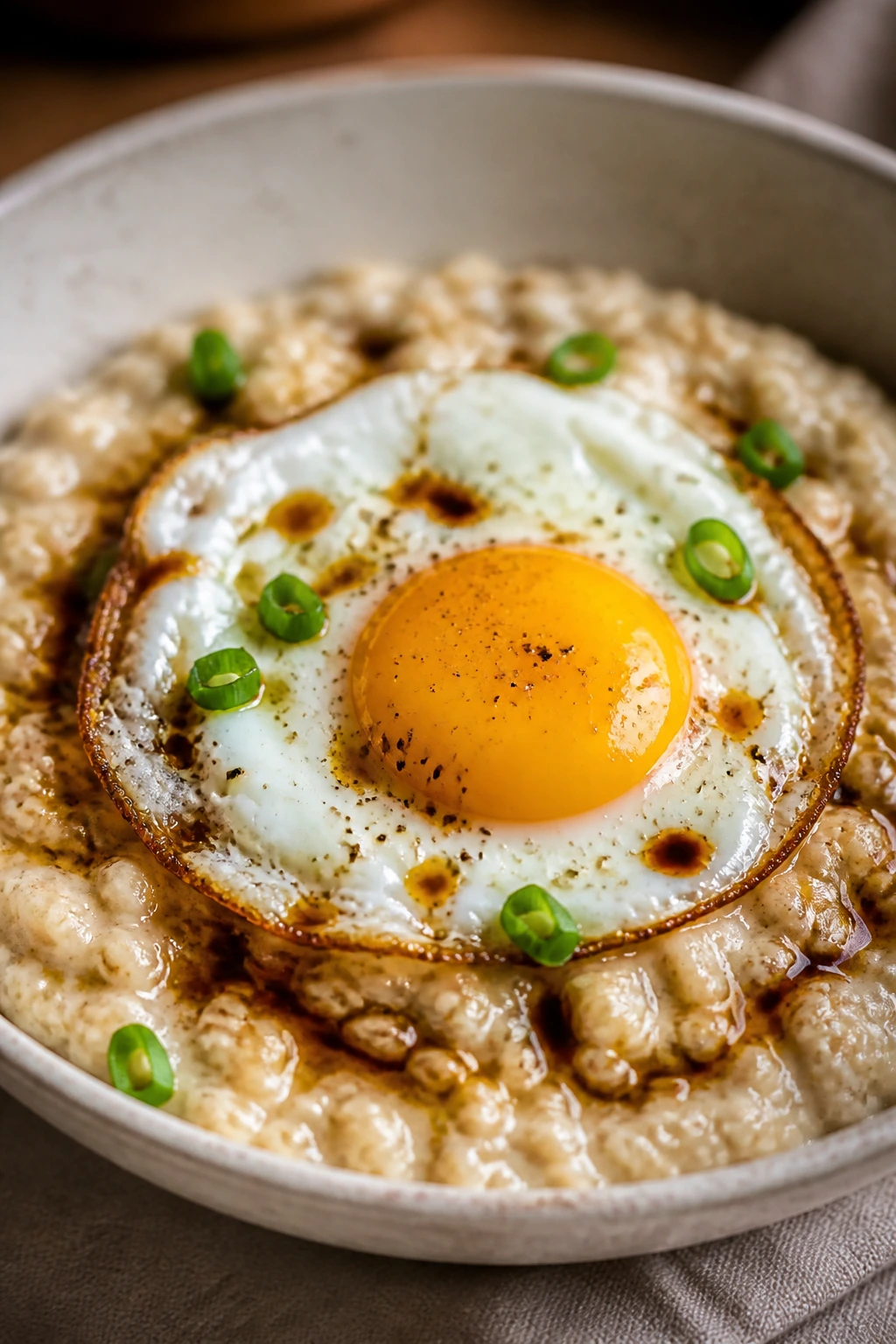 Savory oatmeal with egg and soy sauce in a bowl