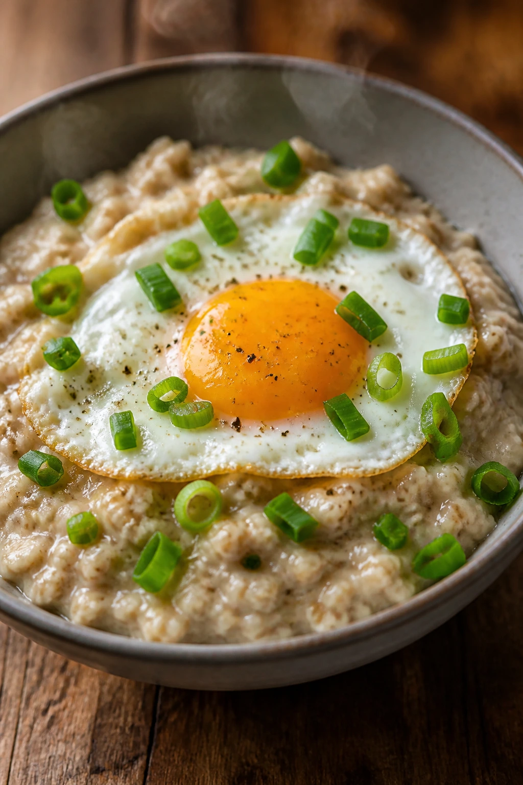Creamy savory oatmeal with egg and scallions in a bowl