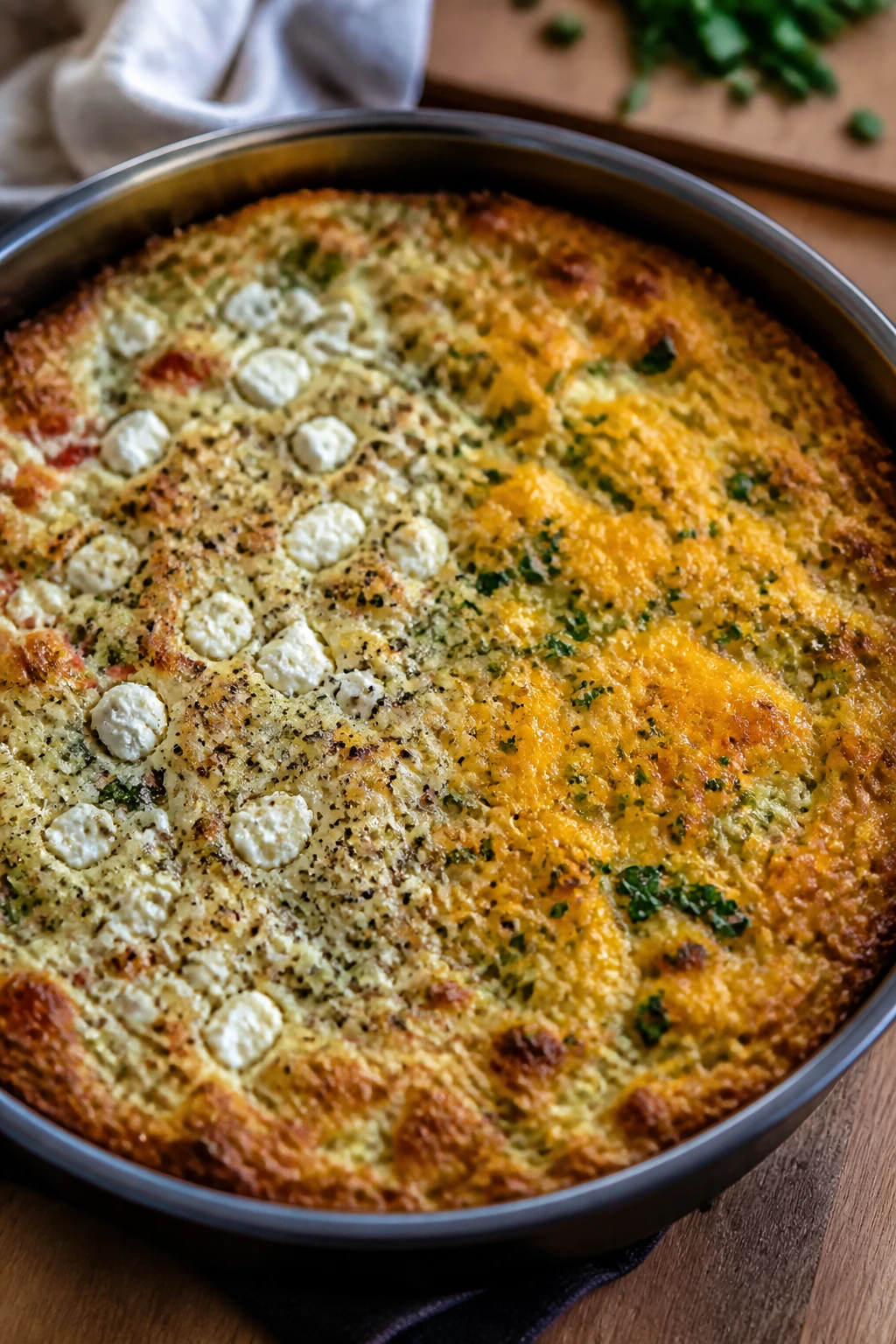 Savory pie in a deep-dish pan showing two flavor variations