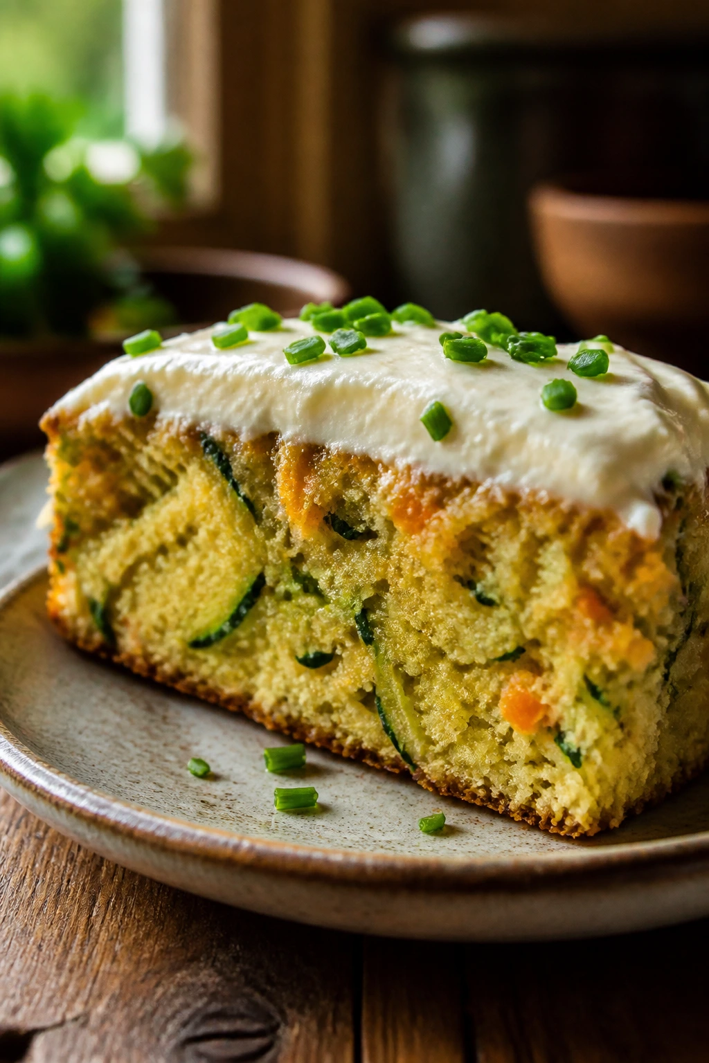 Close-up of moist zucchini-cheddar savory pie slice with cream cheese frosting on a ceramic plate in a sunlit kitchen