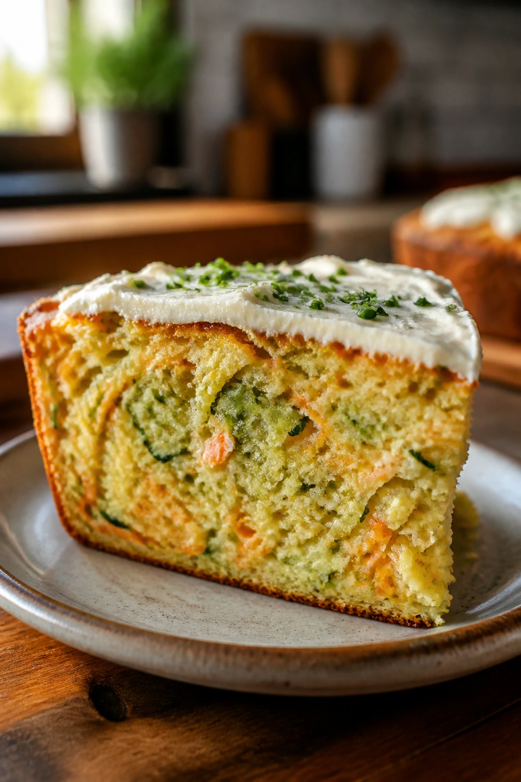 Close-up of a thick slice of moist savory pie with zucchini and carrot crumb and a thin chive-tinted cream cheese frosting
