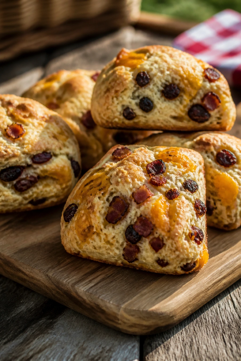 Close-up of bacon date cheddar scones on a wooden cutting board outdoors