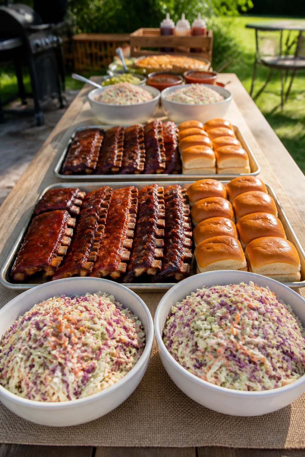 Scaled BBQ display with duplicated bowls and trays on long table