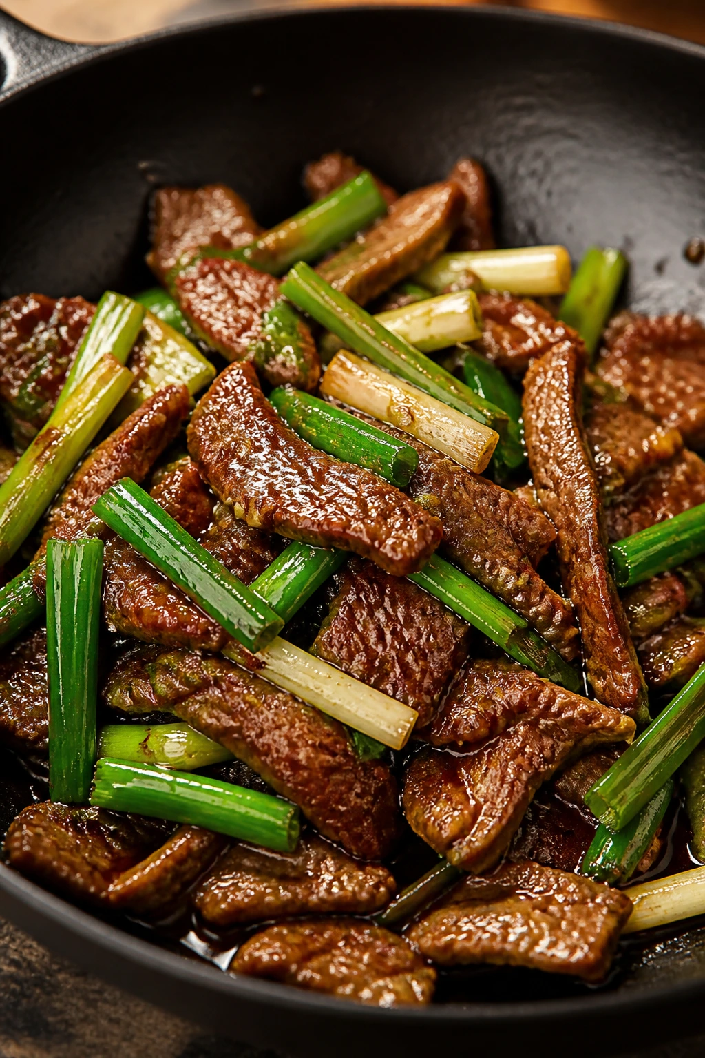 Close-up of Scallion Beef with beef and scallions in glossy glaze